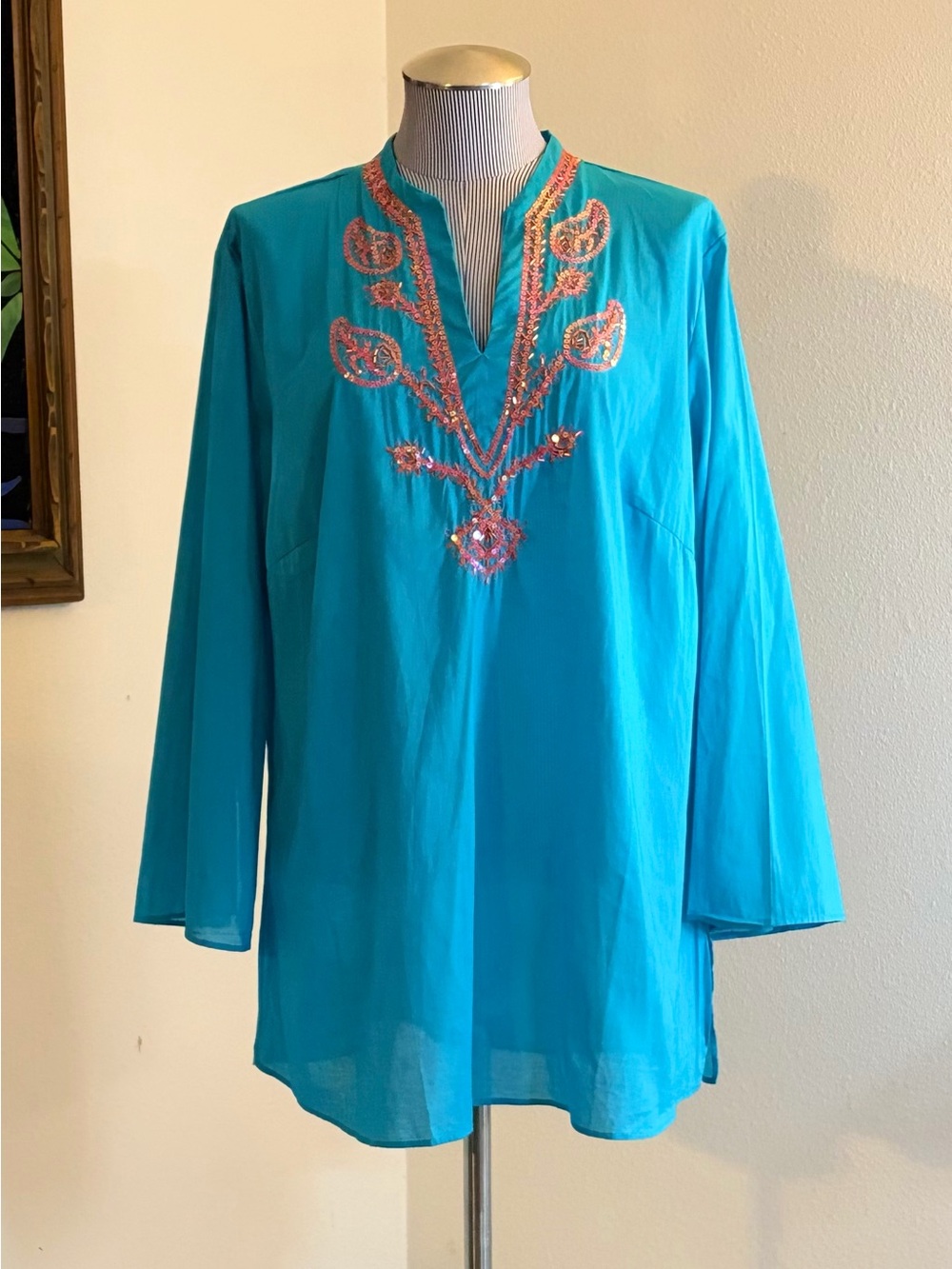 Hand Crafted Turquoise Embroidered V-Neck Tunic